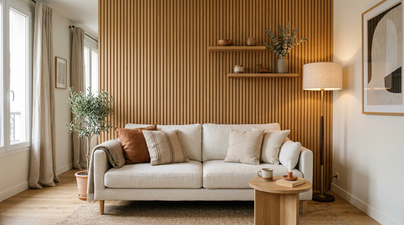 Mur en tasseaux de bois et objets déco dans un salon chaleureux