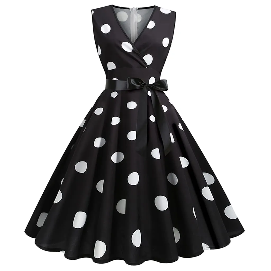 Femme Robe Vintage à Grand Pois et col en V - Image 1