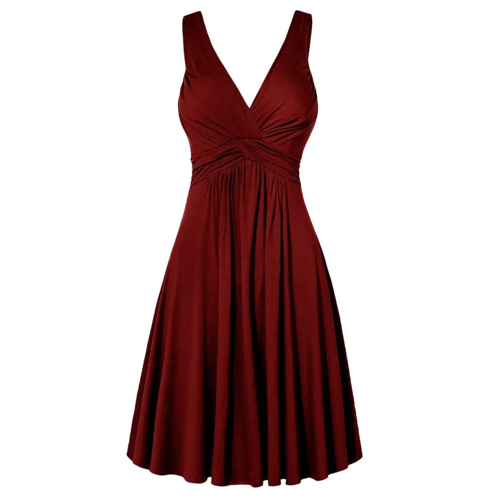 Robe Femme Été Mi-Longue Fluide de Soirée Chic Sexy Dos Nu Décolleté Col V Uni Midi Vintage Rétro Cocktail Grande Taille Plage Sans Manches Casual