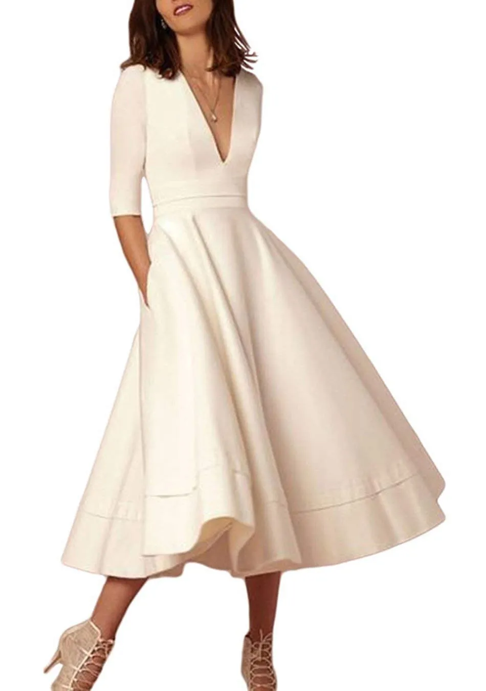 Femme Robe de Cocktail Vintage Business Manches 3/4 Robe Col V Swing Soirée A-Line Robe Midi Élégant - Image 1