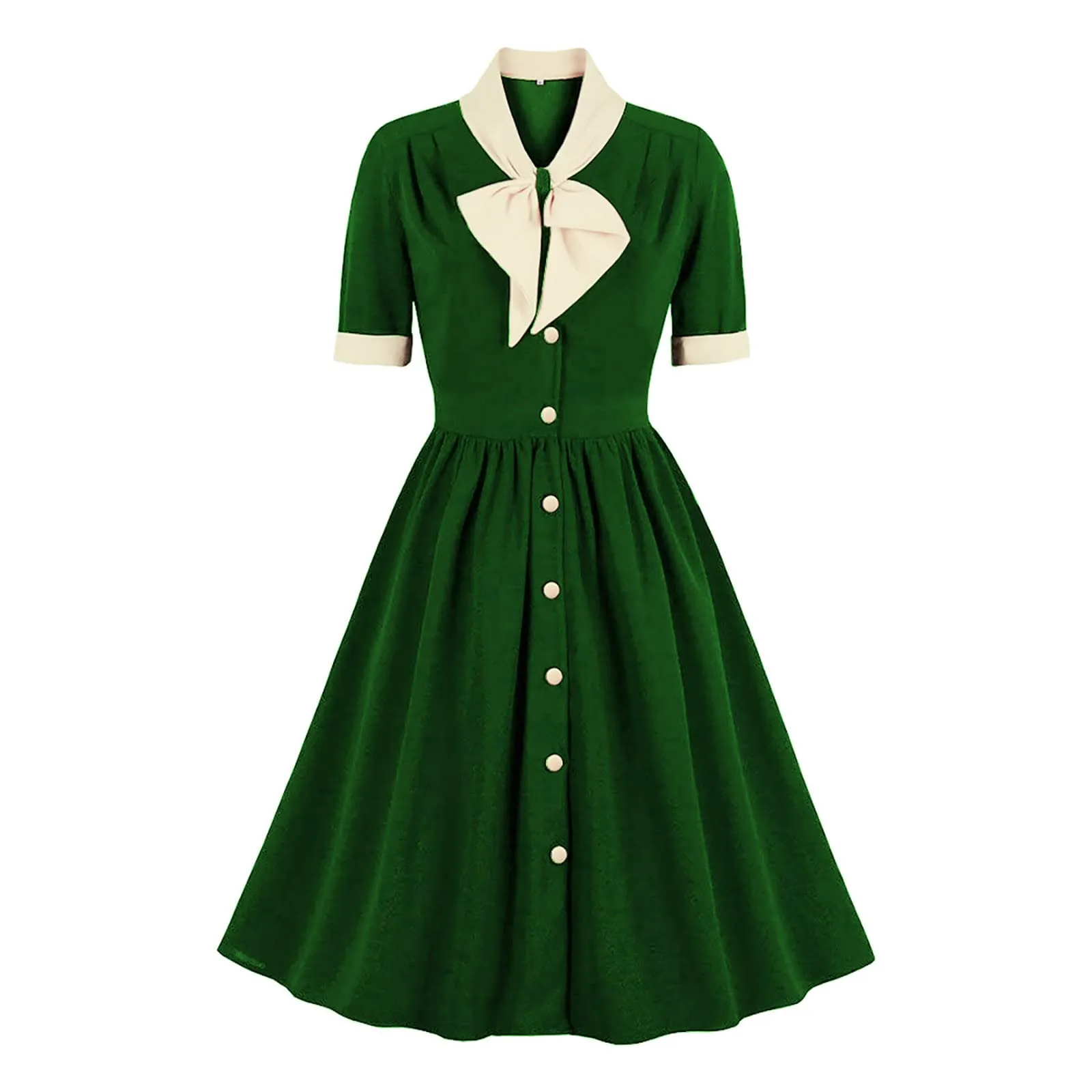 Robe retro annees 1940 pour femme - Robe business vintage avec silhouette trapèze et col noeud papillon - Robe de cocktail pour evenements d’affaires et soirees, fermeture à boutons - Image 1