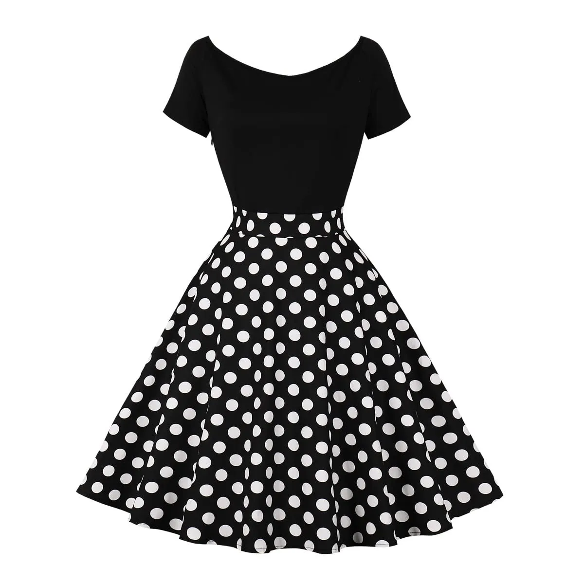 Robe rockabilly pour femme - Vintage - À pois - Épaules dénudées - Manches courtes - Ligne A - Robe de soirée rétro années 50 - Robe de cocktail - Image 1