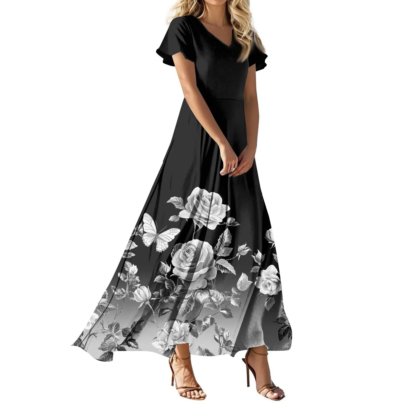 Robe vintage - Robe ete Unie Decontractee col v Manches Courtes Robe - Image 1