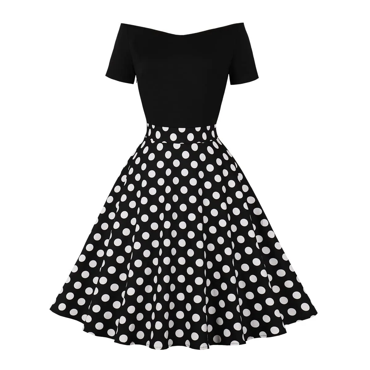 Robe Femmes Vintage des Années 50 Elégantes avec à Pois Rockabilly Audrey Hepburn Swing Plissé Robe à Manches Courtes Soirée Cocktail Cérémonie Mariage - Image 1