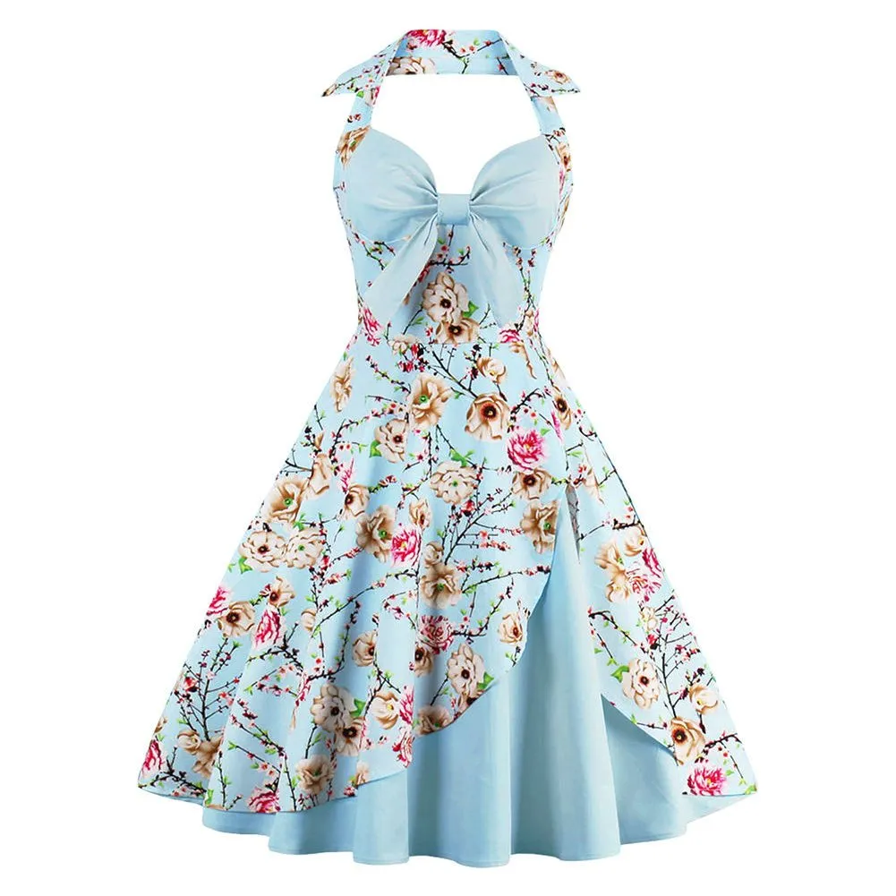 Robe vintage en coton sexy pour femme, style annees 50, dos nu, rockabilly, imprime floral, ourlet the, fête, patineur, bal de fin d&rsquo;annee, cocktail, soiree grande taille 38-50 - Image 1