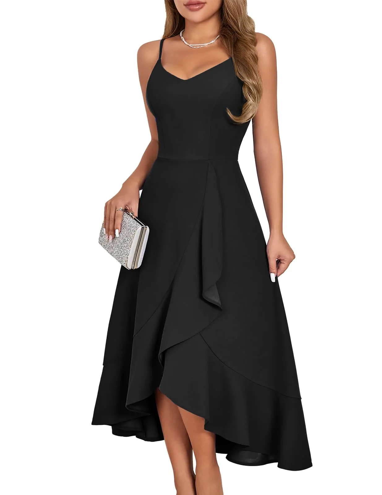 Robe Noire Femme Elégante Cocktail Festive Bretelles Hautes Robes de Mariage Mi-Longues Ourlet Ruffle d&rsquo;Eté Vintage Fête Curvy Black L - Image 1