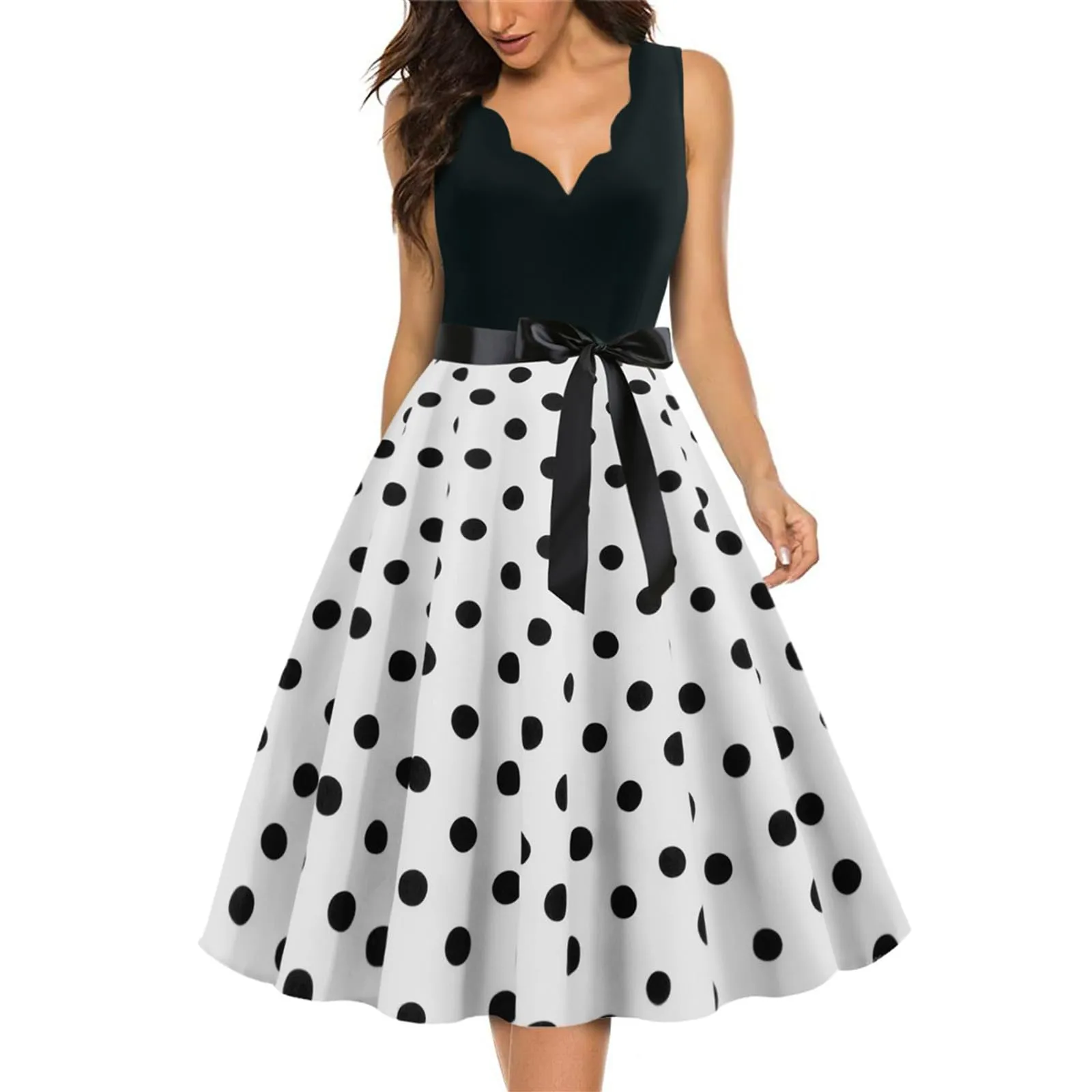 Robe Vintage Années 50 Femme Retro Rockabilly Chic et Élégante Robes sans Manche Dos Nu Polka Dot Robe Mariage Cocktail Soirée Fête Cérémonie Décontractée au Genou Midi - Image 1