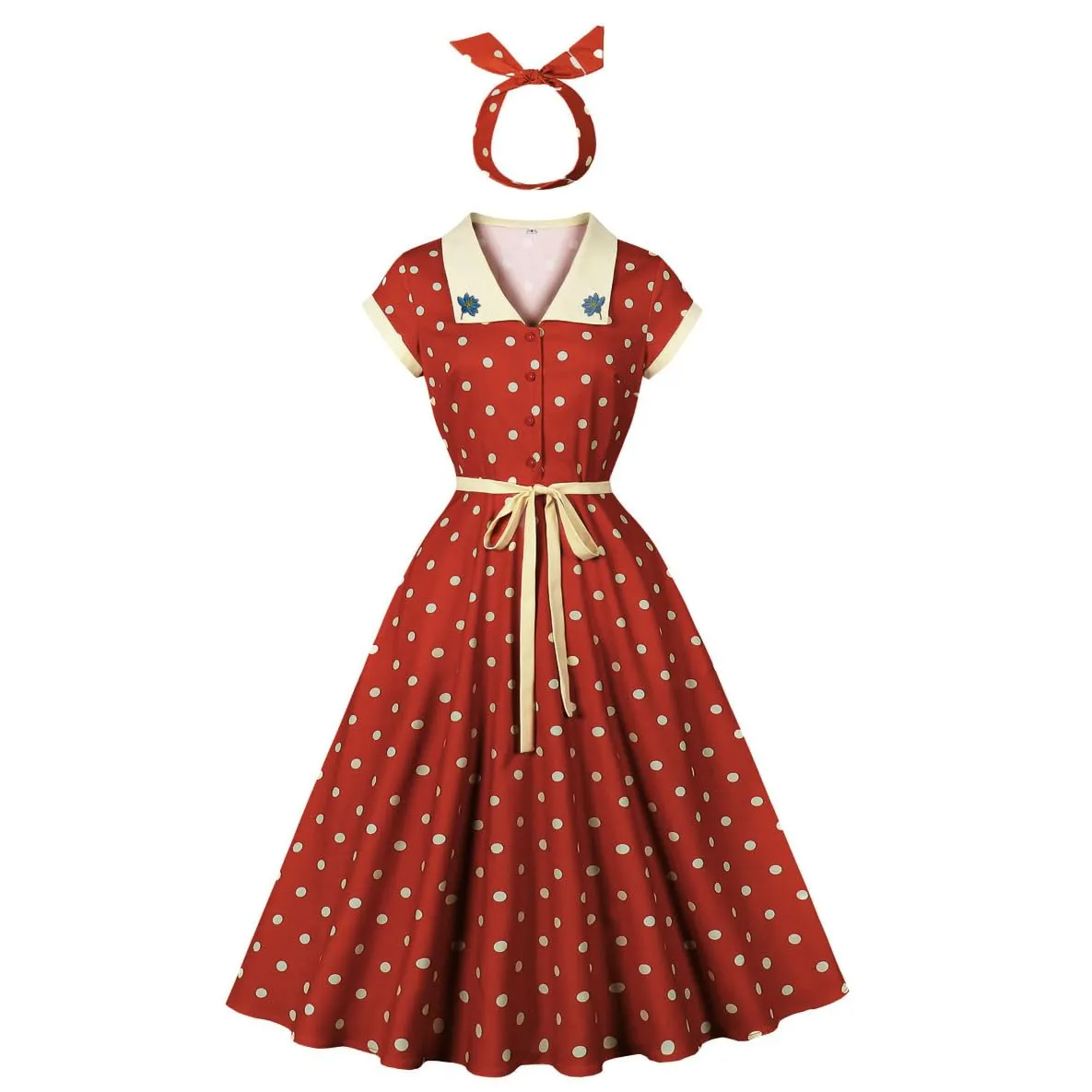 Robe Vintage Femme Col Fleur à Pois Bureau élégante Cocktail