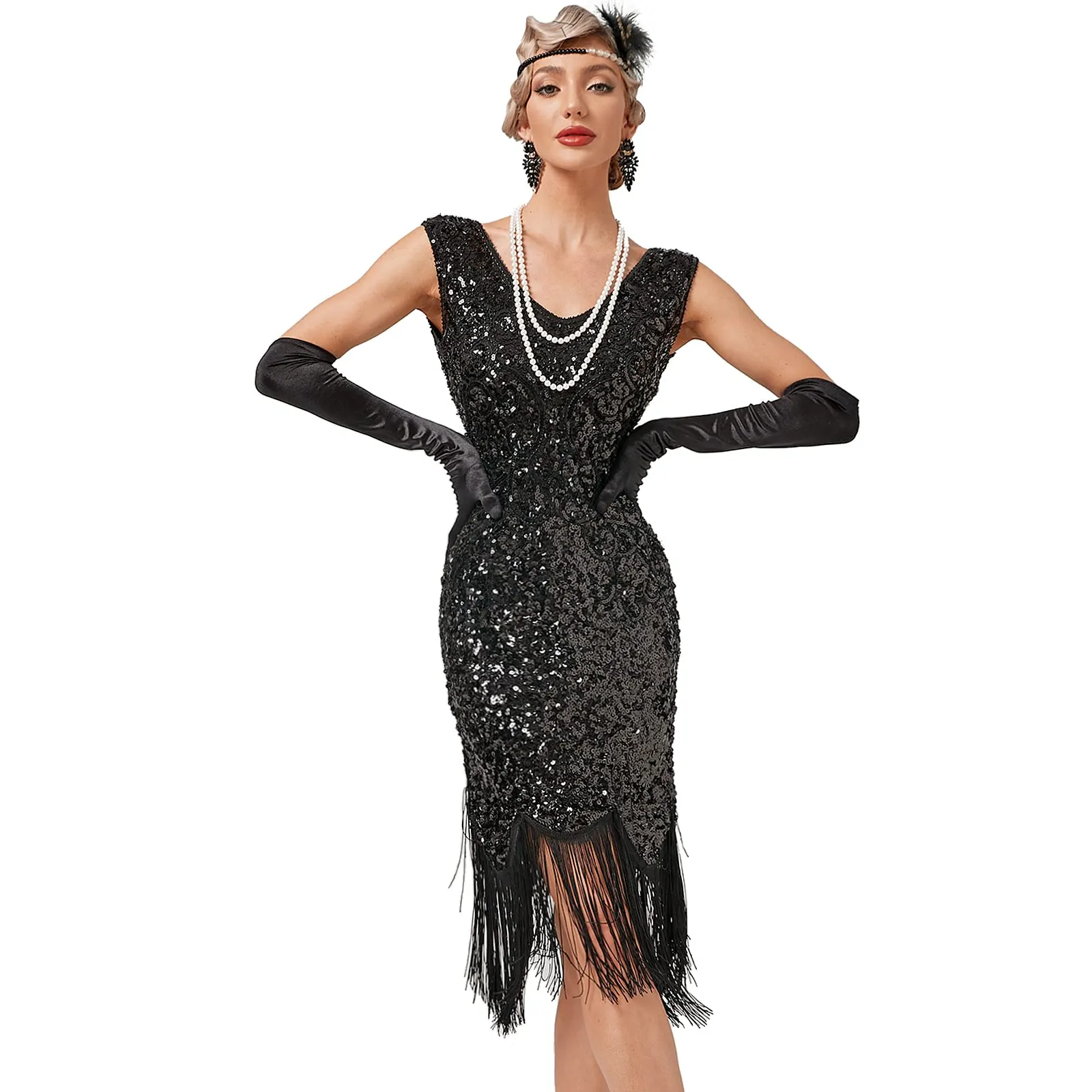 Robe vintage - Robe Gatsby Femme Flapper Charleston Pailletée Avec Frange Années - Image 1
