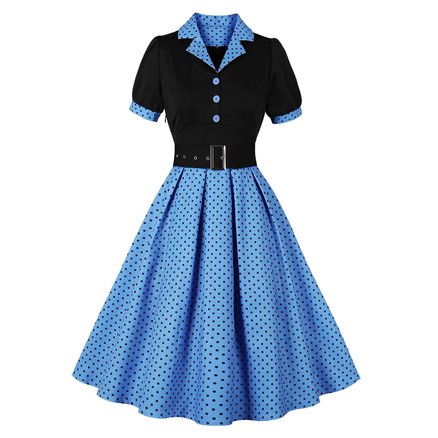 Robe vintage - Femmes Noir Corset Boutons Pois Plissés Travail Bureau Formel