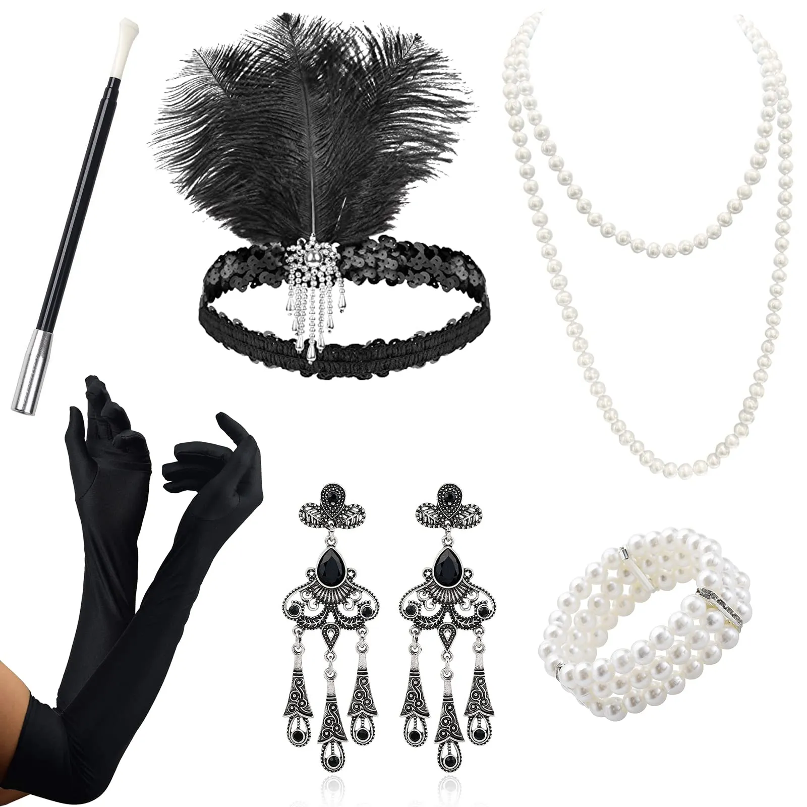 Robe vintage - Accessoire Année 20 Femme，6pcs Accessoires Gatsby Costume set Charleston