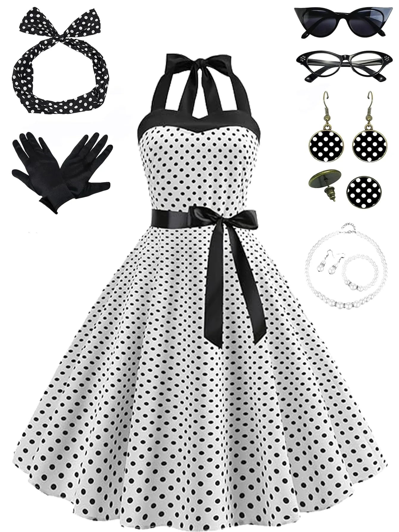 Robe vintage pour femme, robe vintage des annees 1950 et 1940 pour femme, robe à pois avec collier, boucles d&rsquo;oreilles, bracelet, pour carnaval, discothèque, fête retro - Image 1