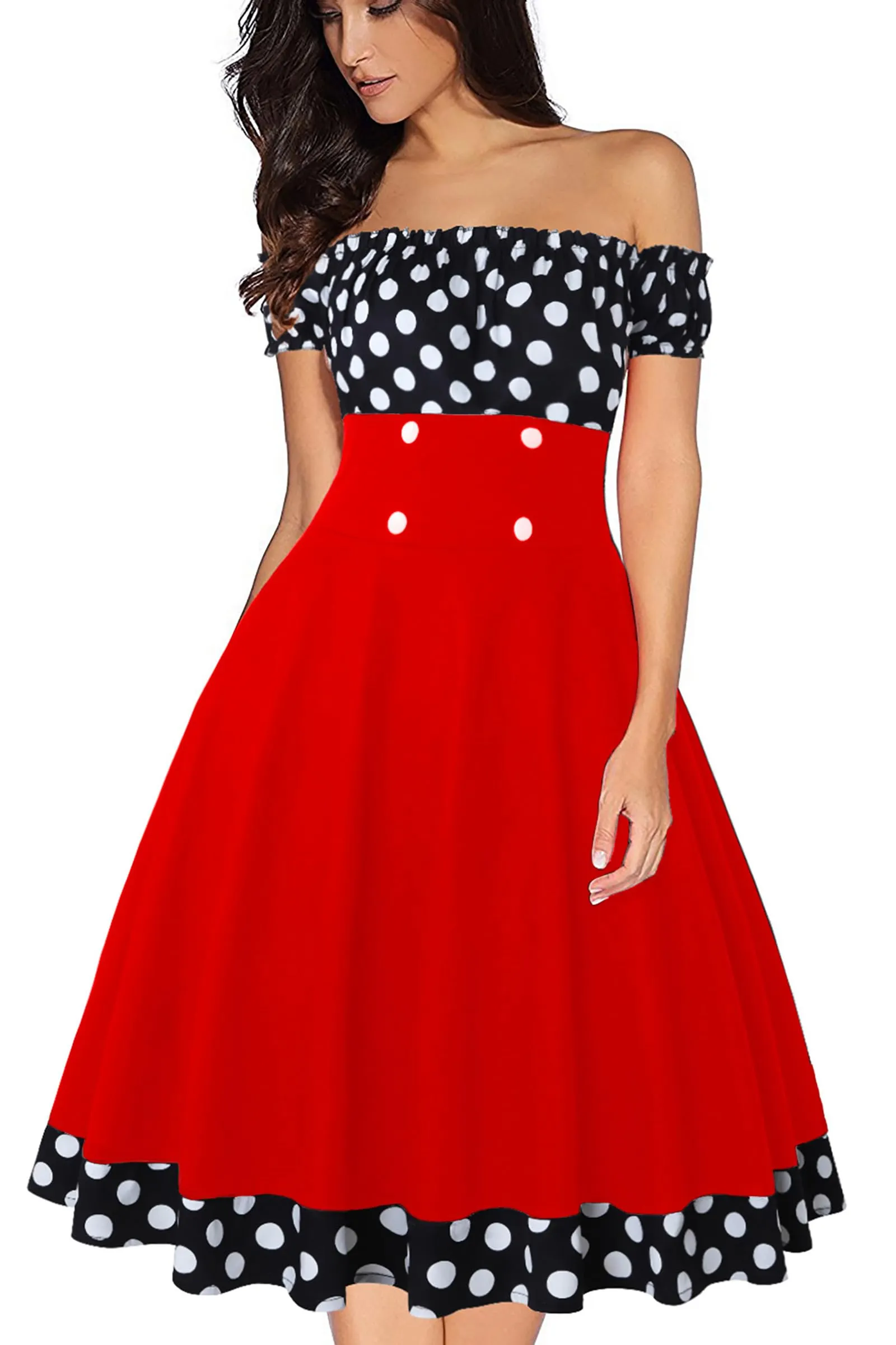 Femme Robe Années 50 Rockabilly Vintage Pin up Manches Courtes pour Ete Guinguette - Image 1