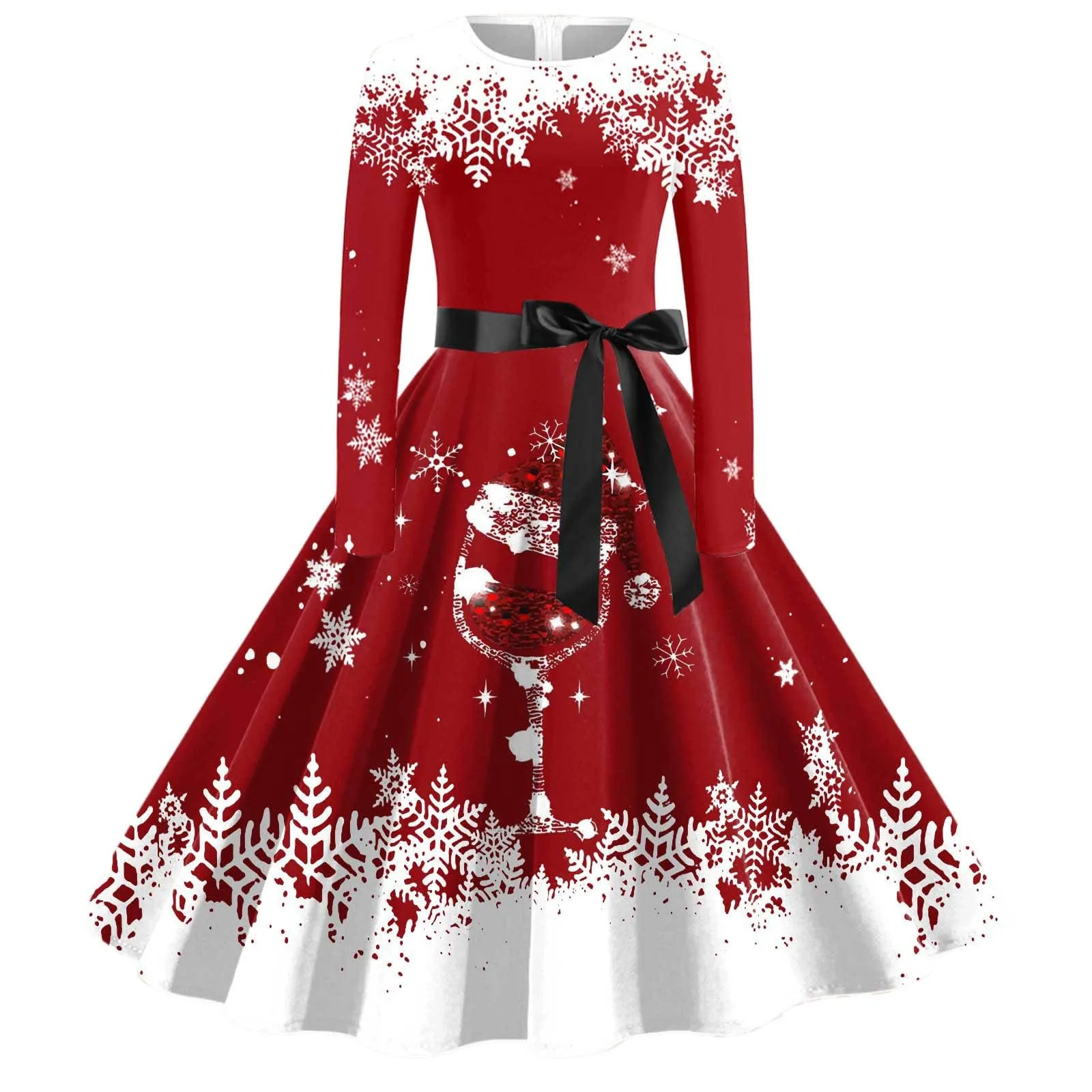 Robe Noël Femme Chic et Elegante Imprimé Verre à Vin Robe Noel Drôle Rudolph Renne Robes Trapèze Vintage Années 1950 Retro Rockabilly Pin Up Élégante Robes Fancy Dress Christmas Déguisements Noel - Image 1