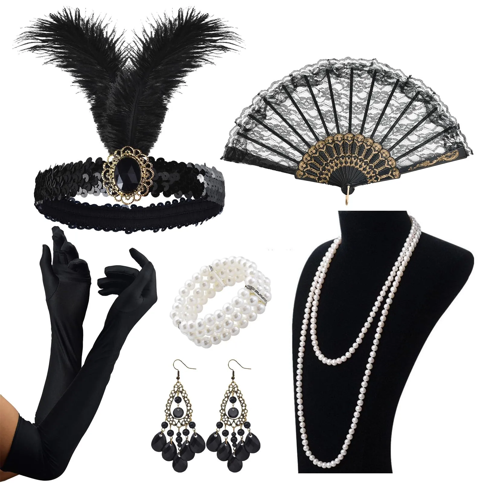 Robe vintage - 6 Pièces Années 1920 Flapper Great Gatsby Accessoires set
