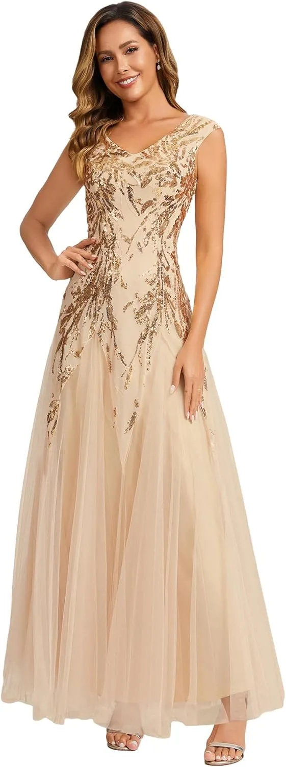 Robe de Soirée Col en V sans Manche Paillette