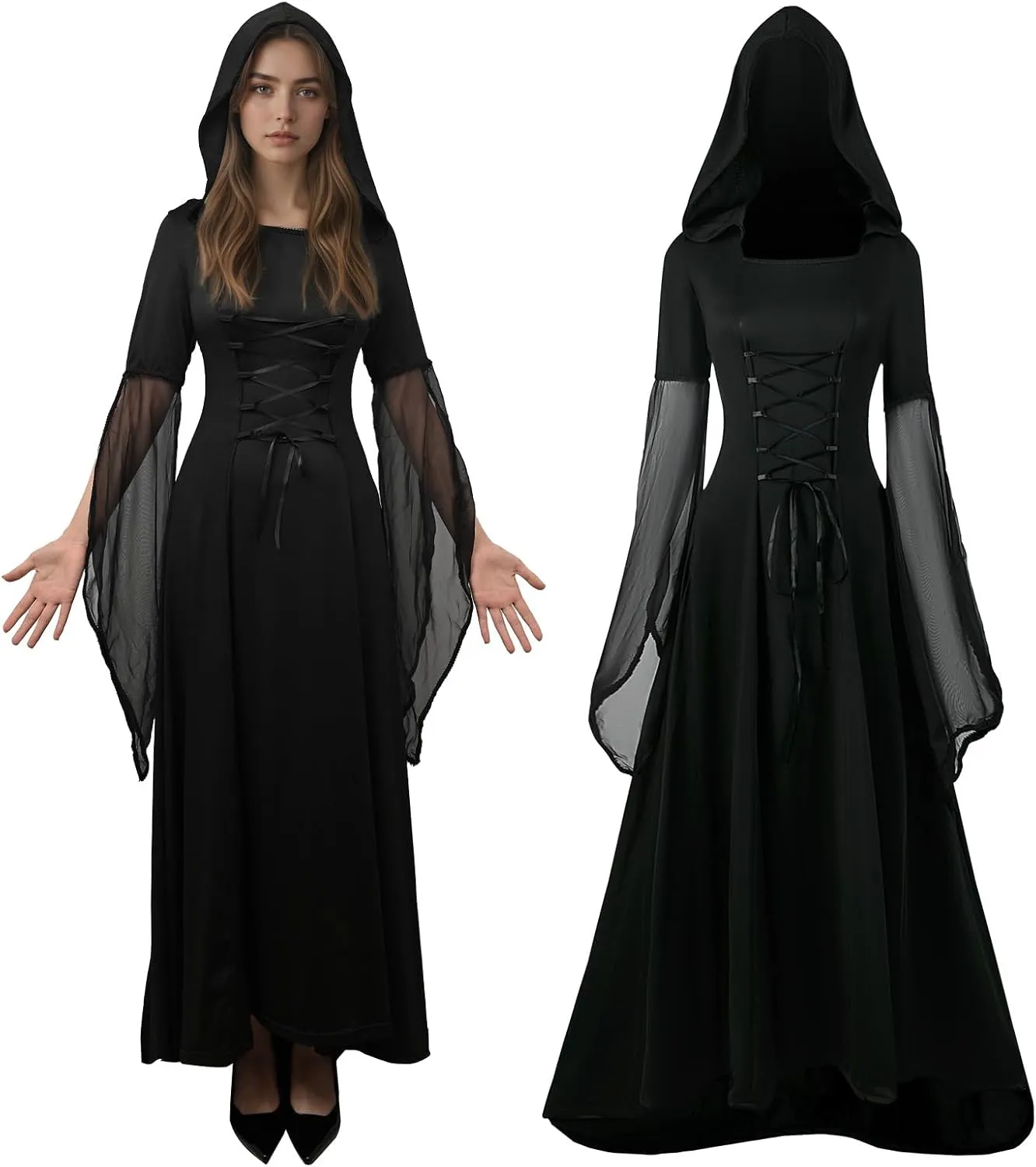 Robe médiévale à capuche noire avec robe de