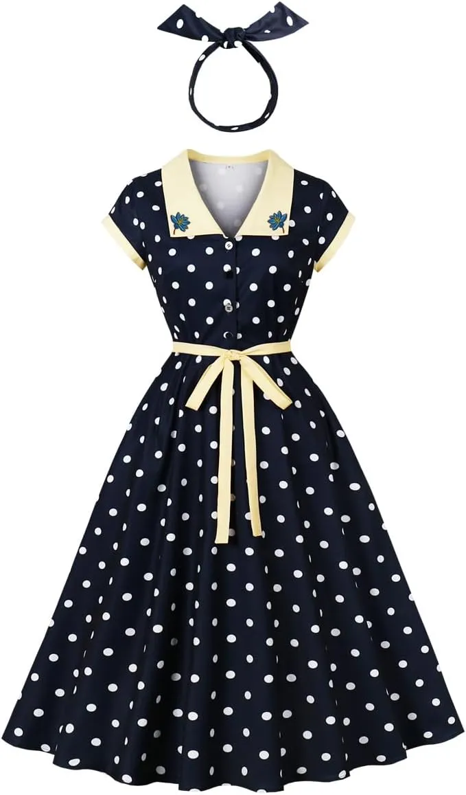 Robe Vintage Femme Col Fleur à Pois Bureau